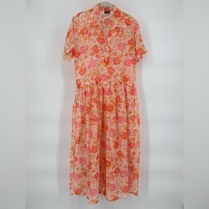Vintage Sheer Floral Shirt Dress House Dress Layering Orange White‎ Button Front